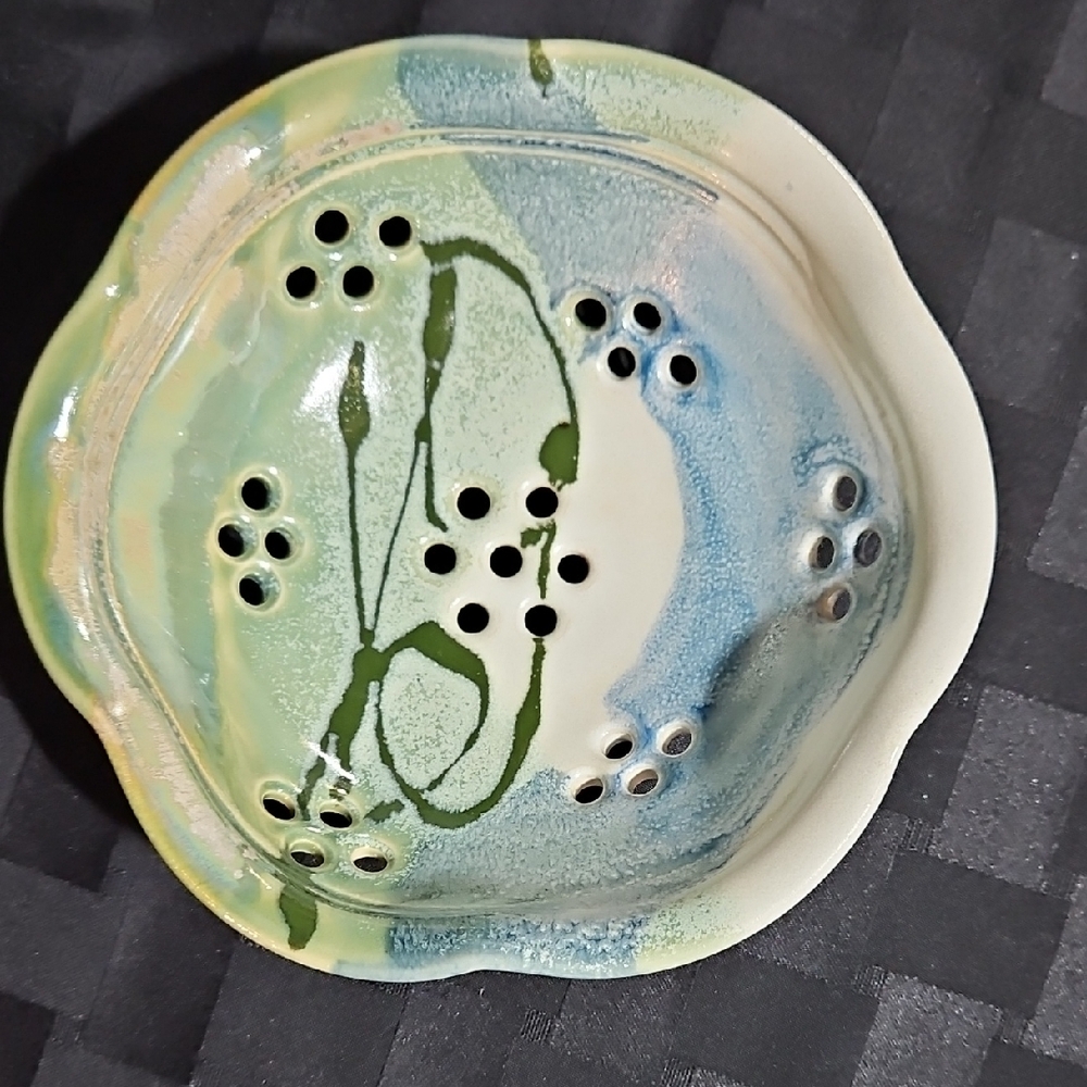 Artisan Crafted & Signed Ceramic Berry Strainer/Colander in Cream,Green and Blue